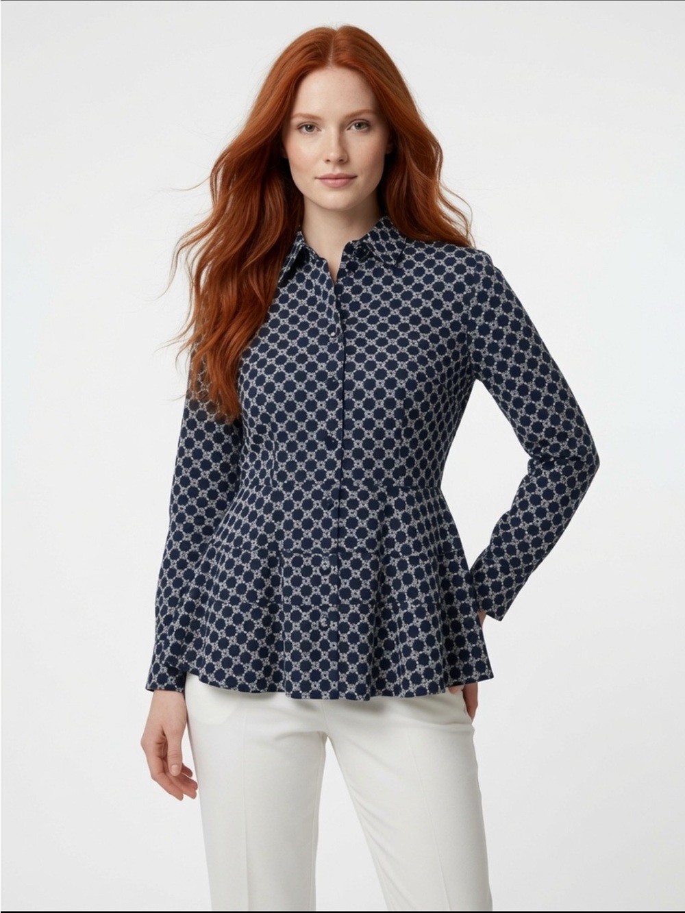 Women's Navy Geo-Print Button-Down Peplum Shirt